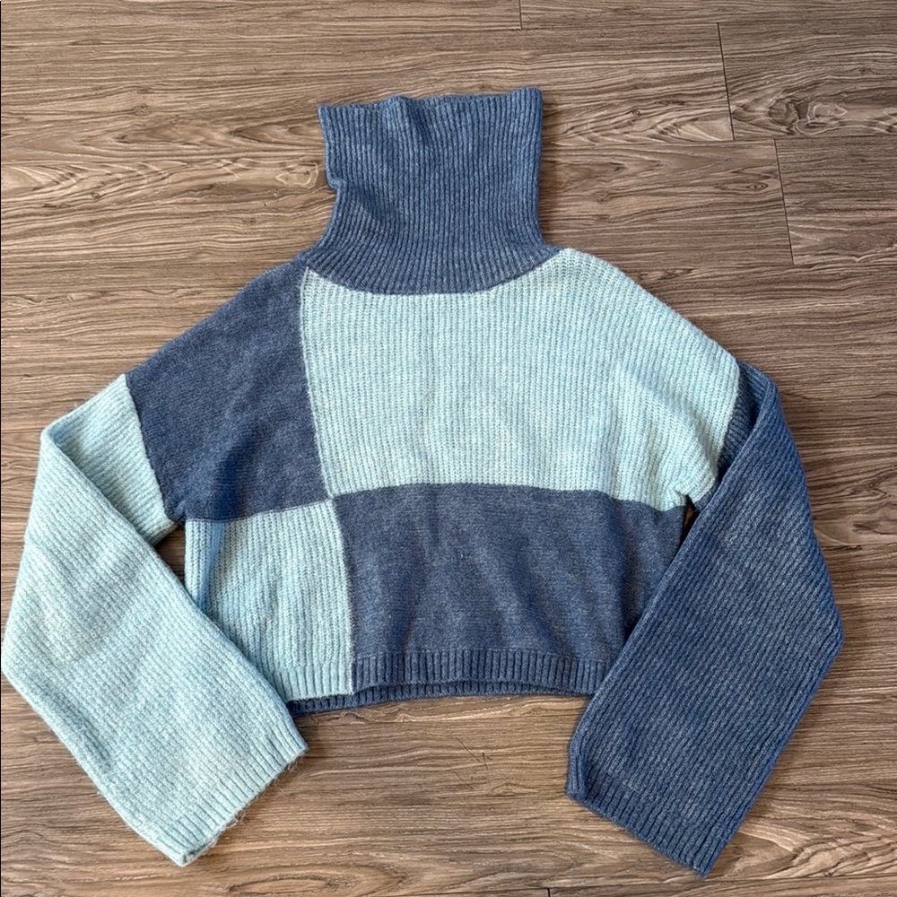 Wild Fable Blue and Gray Patchwork Turtleneck Sweater